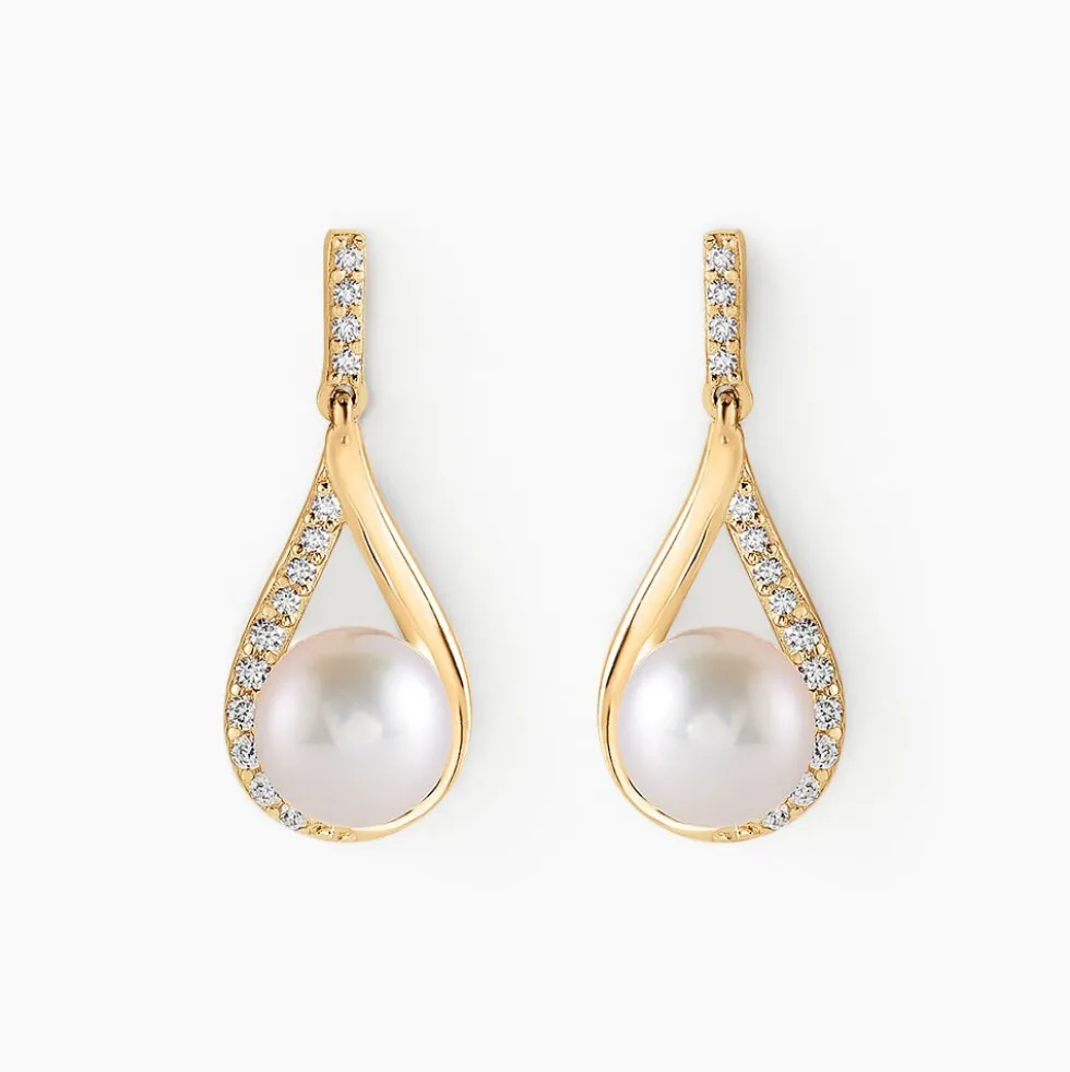 Boucles D'oreilles Pendantes Helin Or Jaune Perle De Culture Et Oxyde