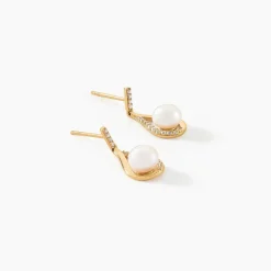 Boucles D'oreilles Pendantes Helin Or Jaune Perle De Culture Et Oxyde
