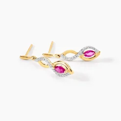 Boucles D'oreilles Pendantes Ondulations Or Bicolore Rubis Et Diamant