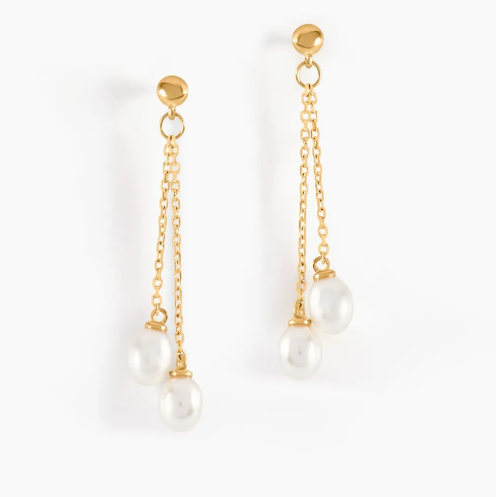 Boucles D'oreilles Pendantes Carrine 2 Fils Or Jaune Perle De Culture