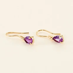 Boucles D'oreilles Pendantes Goutte Or Jaune Amethyste