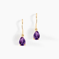 Boucles D'oreilles Pendantes Goutte Or Jaune Amethyste