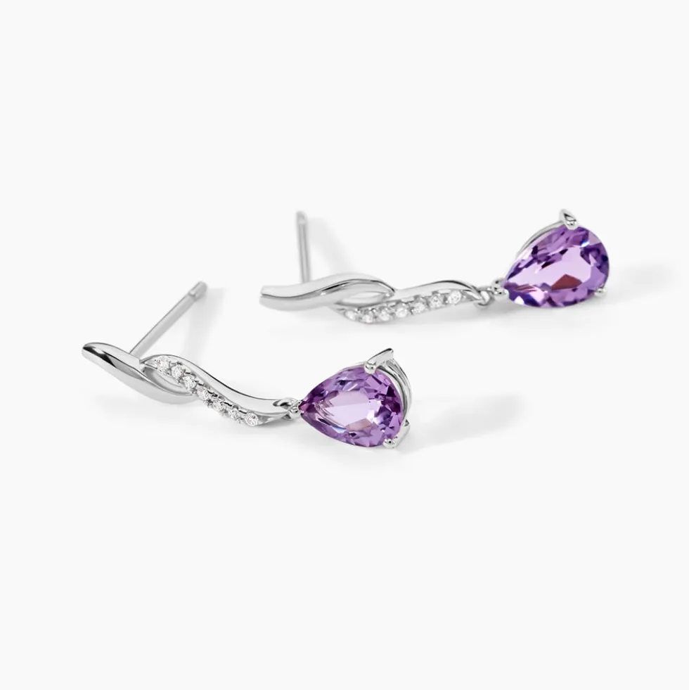 Boucles D'oreilles Pendantes Assaf Or Blanc Amethyste Et Oxyde