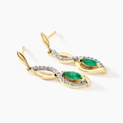 Boucles D'oreilles Pendantes Ondulations Or Jaune Emeraude Diamant