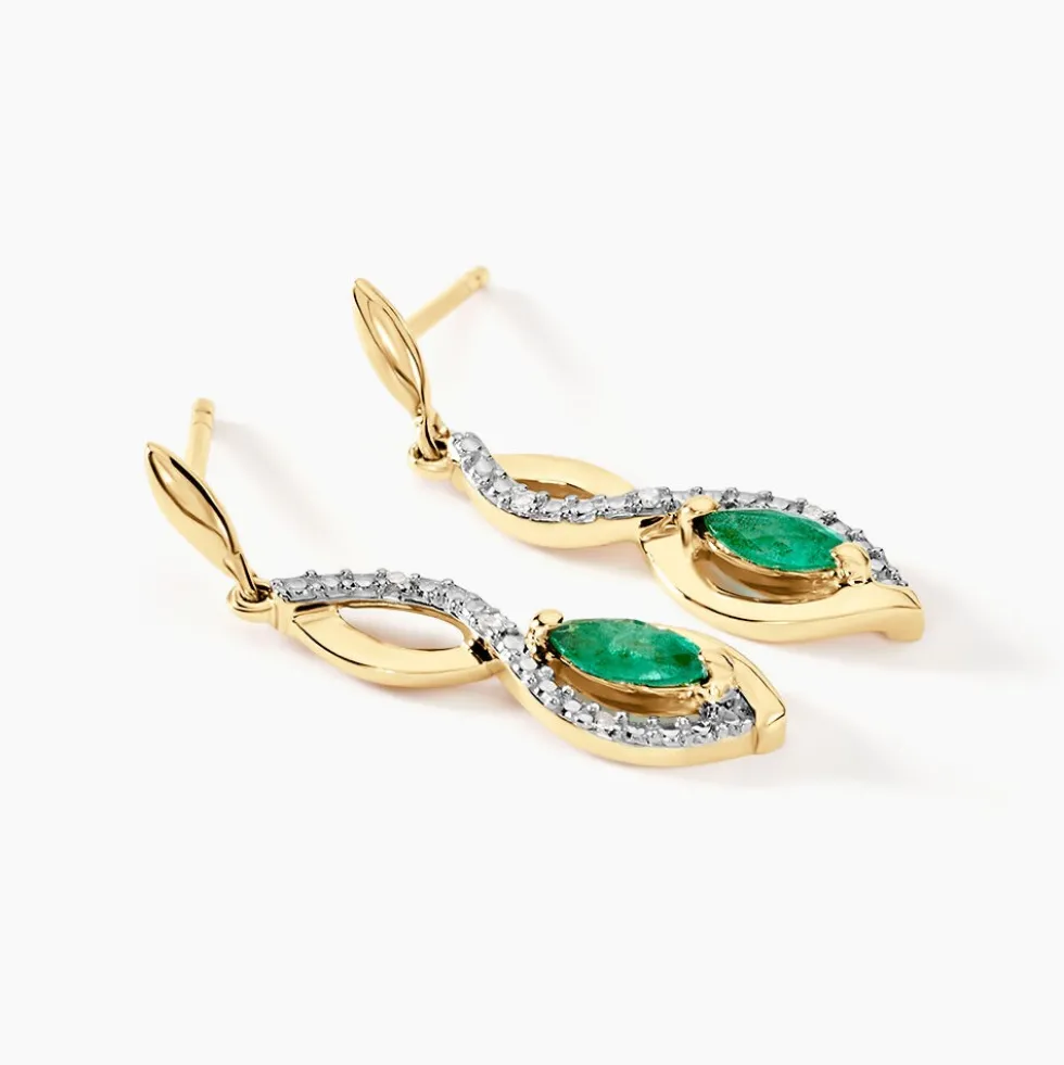 Boucles D'oreilles Pendantes Ondulations Or Jaune Emeraude Diamant