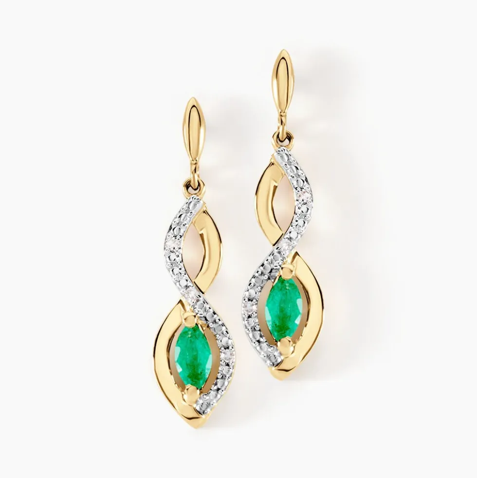 Boucles D'oreilles Pendantes Ondulations Or Jaune Emeraude Diamant