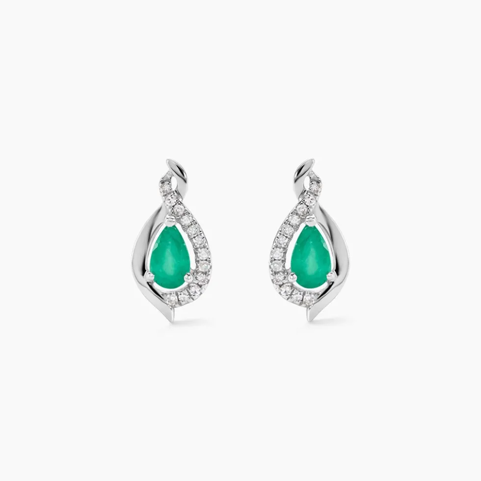 Boucles D'oreilles Puces Angelika Or Blanc Emeraude Et Diamant