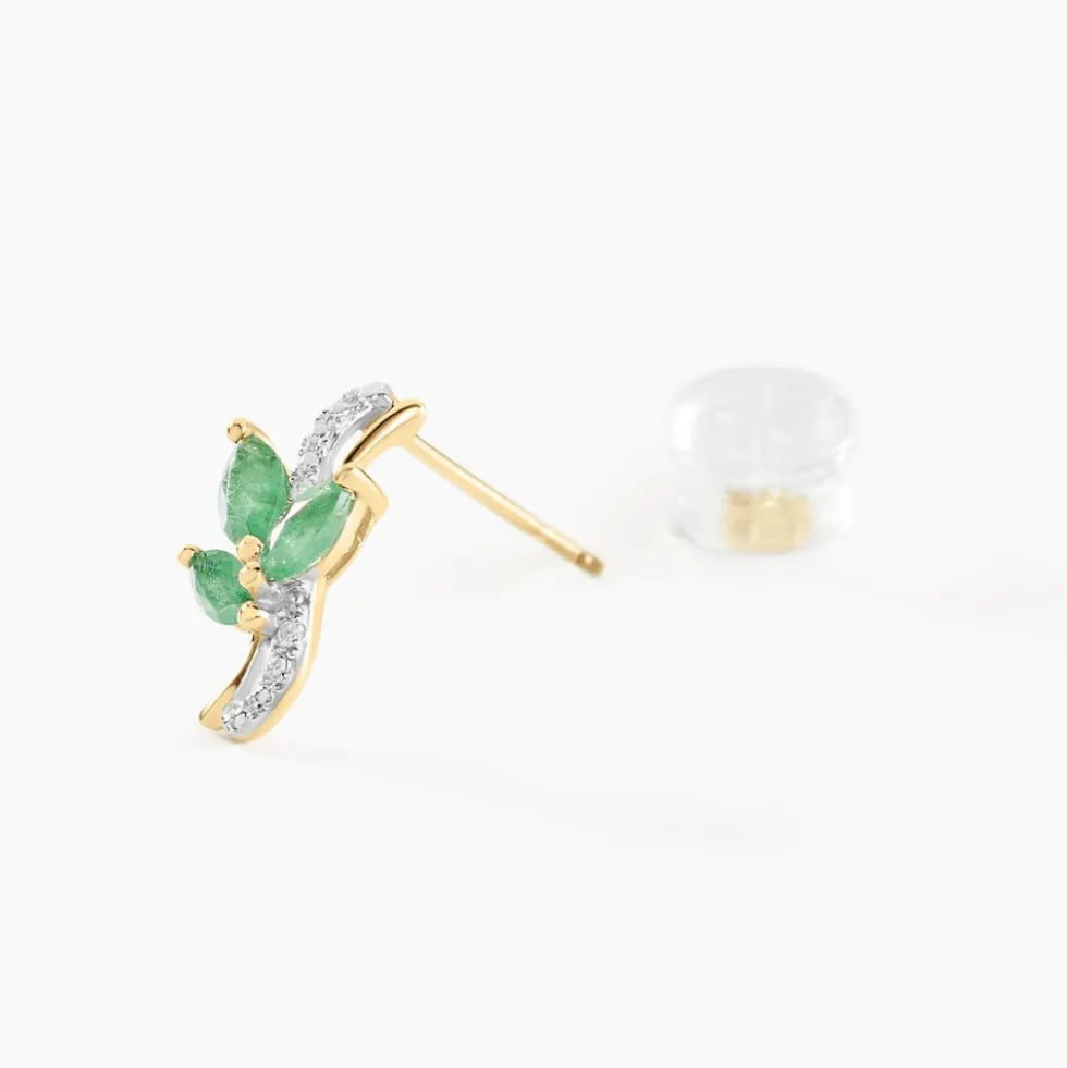 Boucles D'oreilles Puces Angie Or Jaune Emeraude Diamant