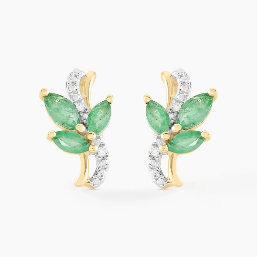 Boucles D'oreilles Puces Angie Or Jaune Emeraude Diamant