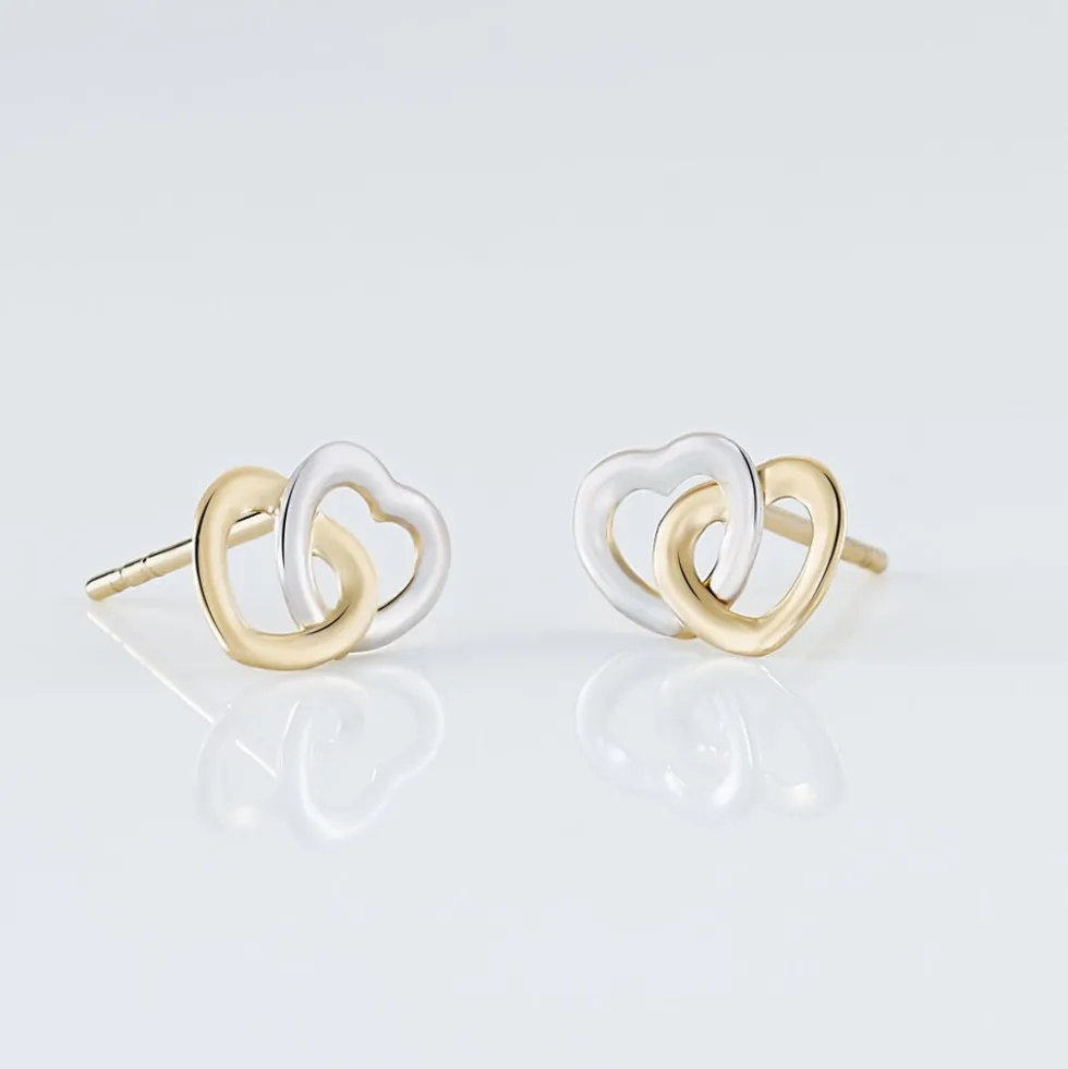 Boucles D'oreilles Puces Anne-maudae Double Coeurs Or Bicolore