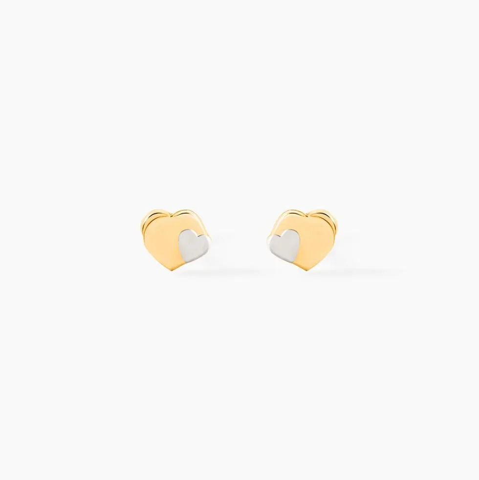 Boucles D'oreilles Puces Anne-maudae Double Coeurs Or Bicolore