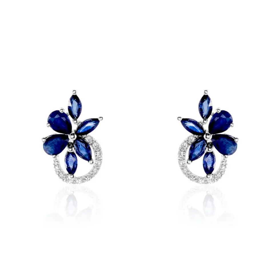 Boucles D'oreilles Puces Bouquet Or Blanc Saphir Et Diamant