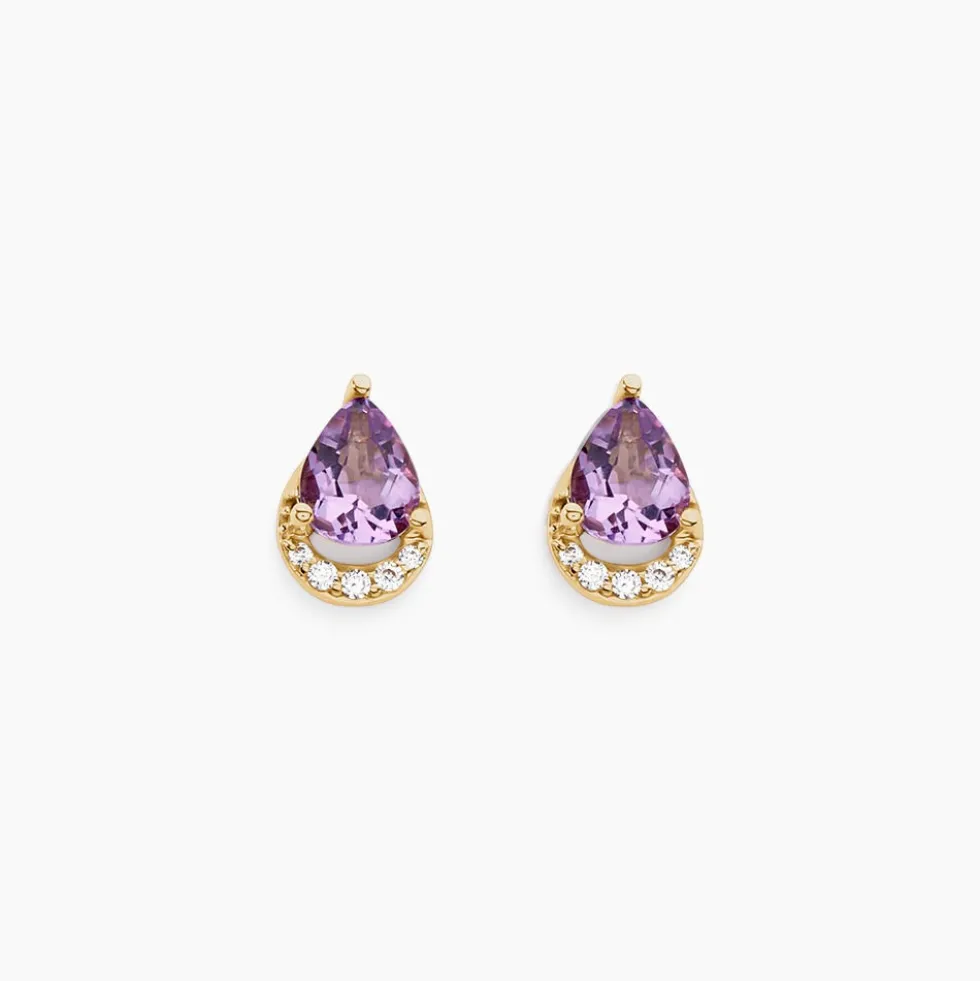 Boucles D'oreilles Puces Dinis Or Jaune Améthyste Oxyde De Zirconium