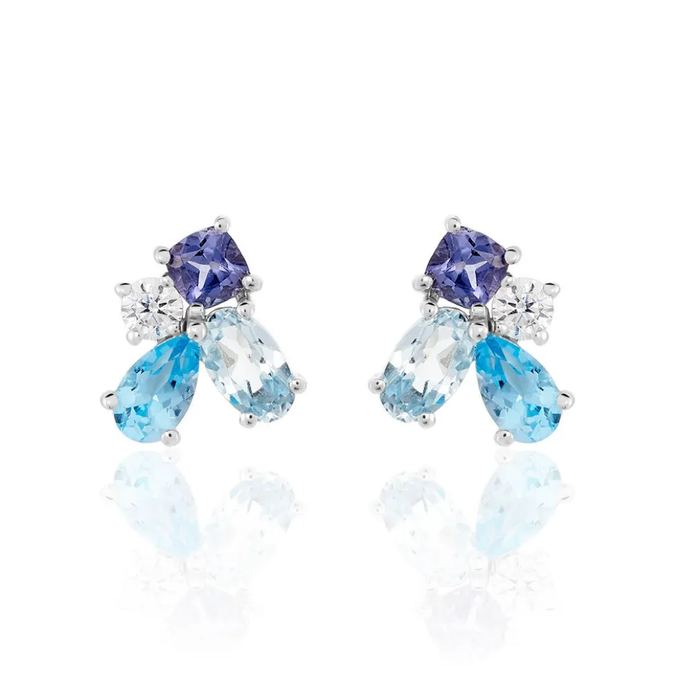 Boucles D'oreilles Puces Doryne Or Blanc Topaze Et Oxyde De Zirconium