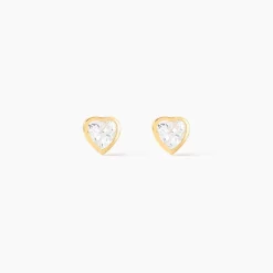 Boucles D'oreilles Puces Dot Coeur Plein Or Jaune Oxyde De Zirconium