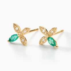 Boucles D'oreilles Puces Flower Power Or Jaune Emeraude Diamant
