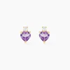 Boucles D'oreilles Puces Heart Or Jaune Améthyste Oxyde Zirconium