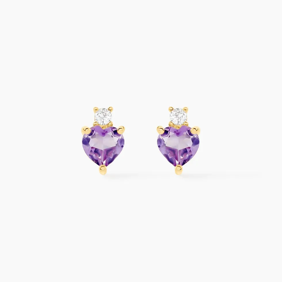 Boucles D'oreilles Puces Heart Or Jaune Améthyste Oxyde Zirconium