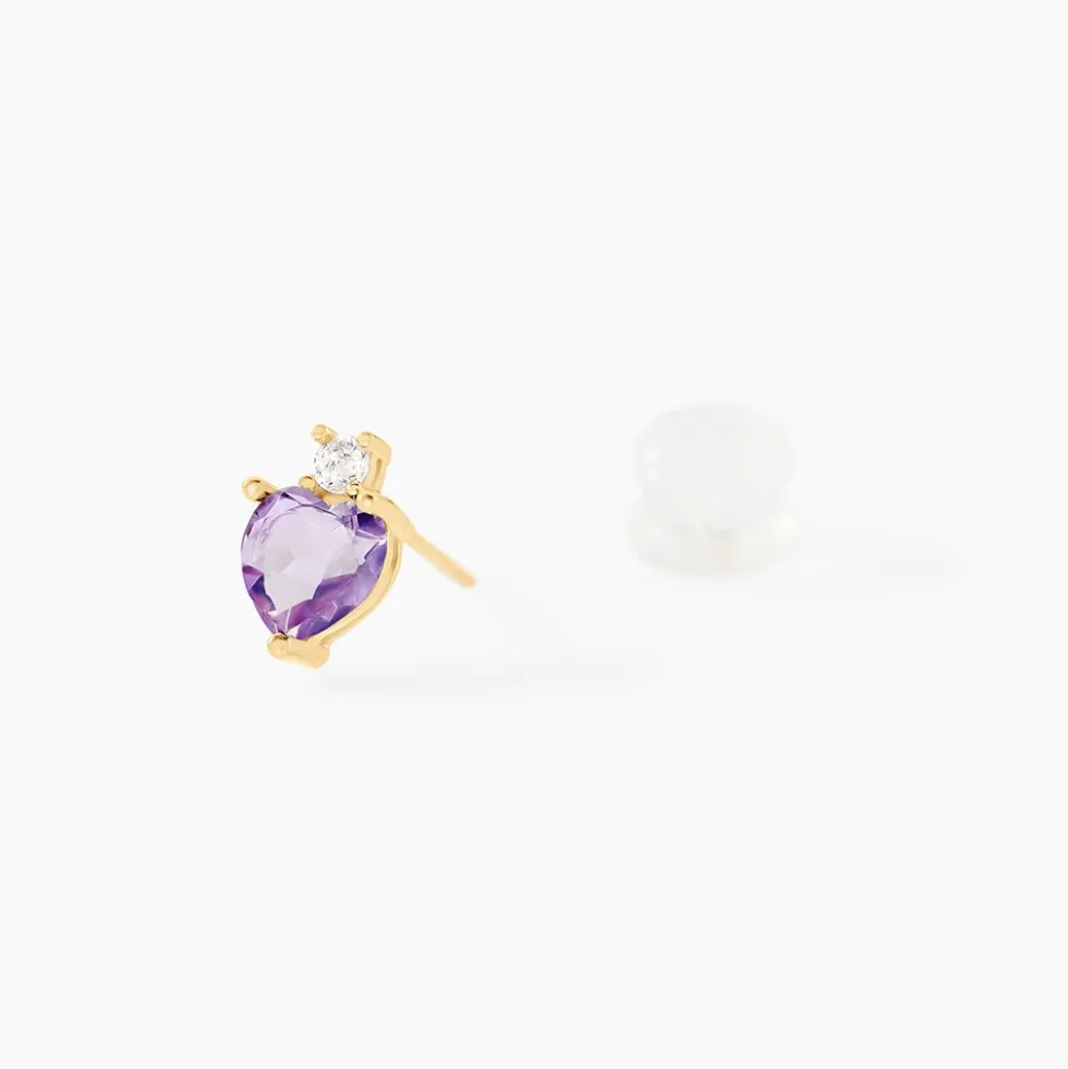 Boucles D'oreilles Puces Heart Or Jaune Améthyste Oxyde Zirconium