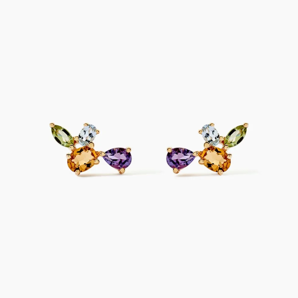 Boucles D'oreilles Puces Hortense Or Jaune Citrine Améthyste Topaze