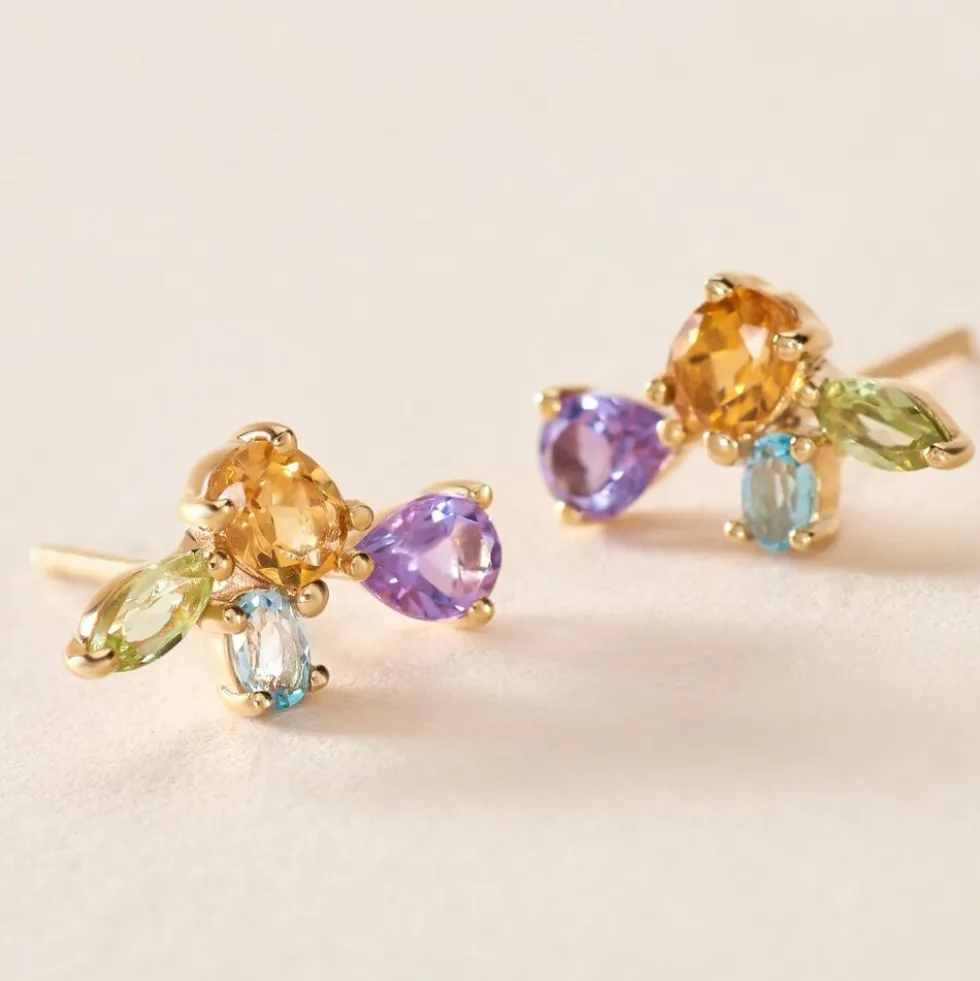 Boucles D'oreilles Puces Hortense Or Jaune Citrine Améthyste Topaze