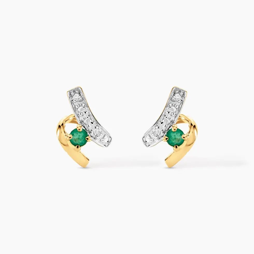 Boucles D'oreilles Puces Loubra Or Jaune Emeraude