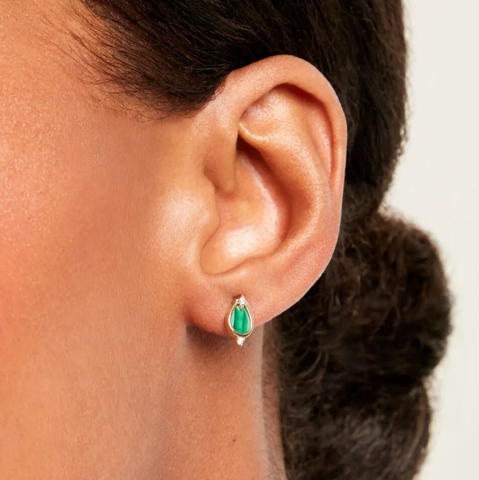 Boucles D'Oreilles Puces Luminea Or Jaune Malachite Oxyde De Zirconium
