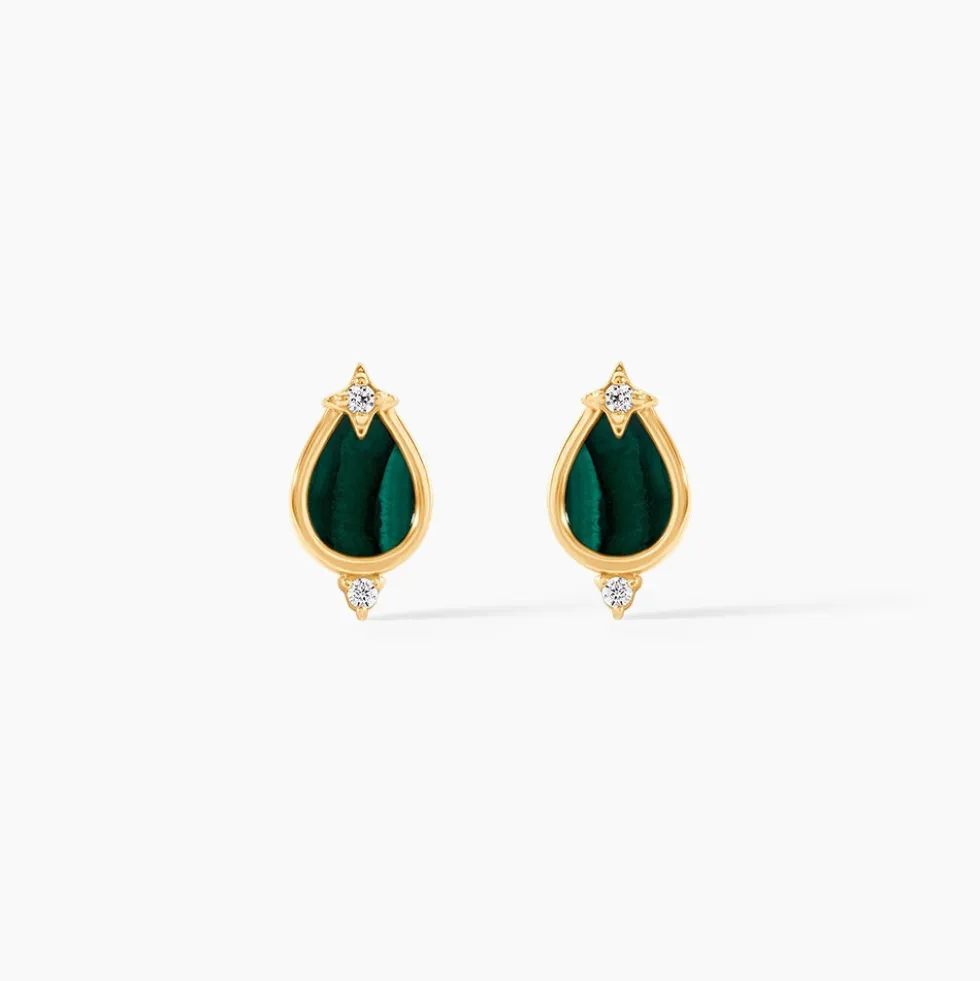 Boucles D'Oreilles Puces Luminea Or Jaune Malachite Oxyde De Zirconium