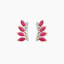 Boucles D'oreilles Puces Navette Or Jaune Rubis Diamant