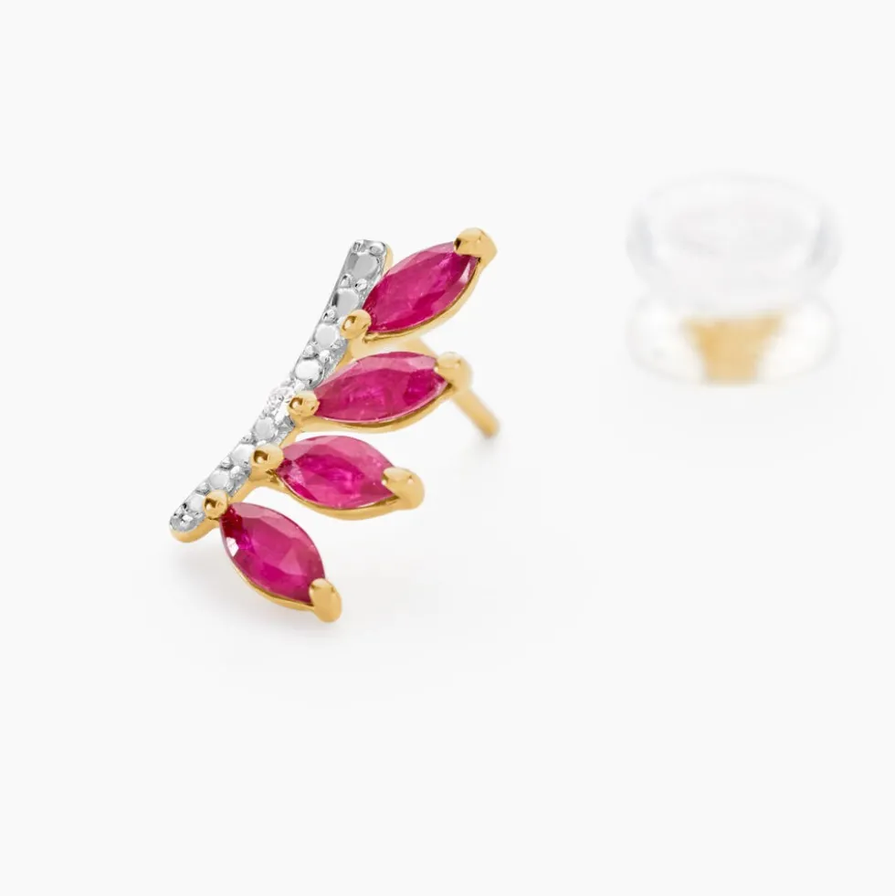 Boucles D'oreilles Puces Navette Or Jaune Rubis Diamant