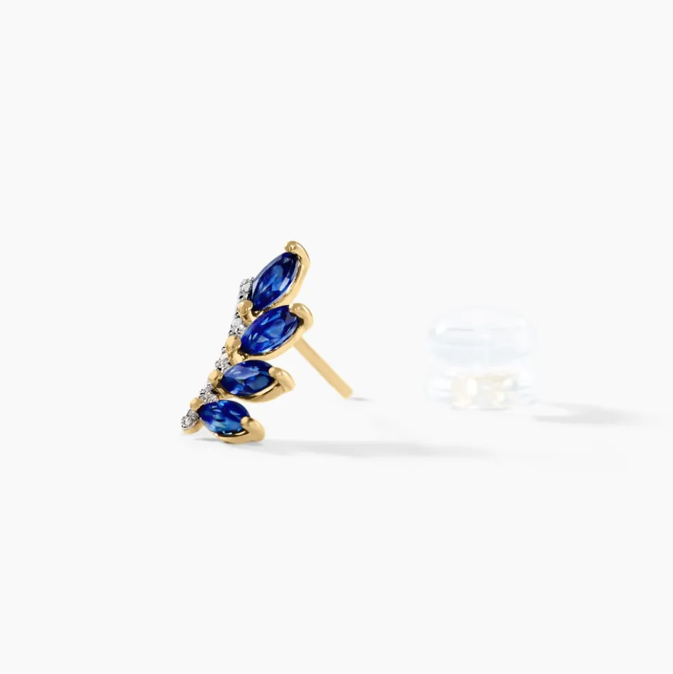 Boucles D'oreilles Puces Navette Or Jaune Saphir Diamant