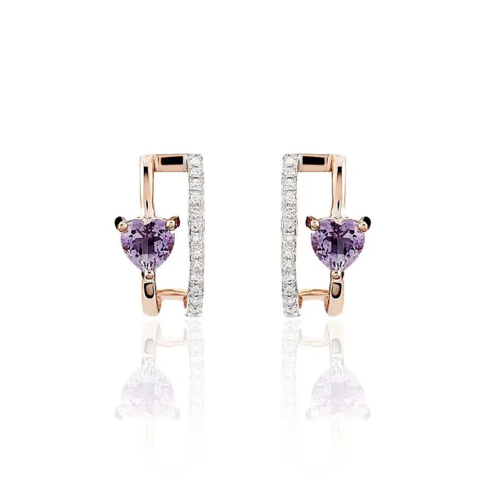 Boucles D'oreilles Puces Or Rose Amethyste Et Diamant