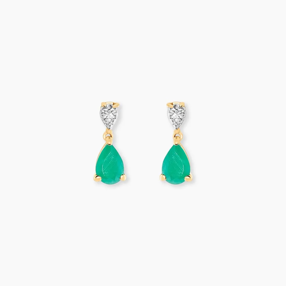 Boucles D'Oreilles Puces Porfirio Or Jaune Emeraude Diamant