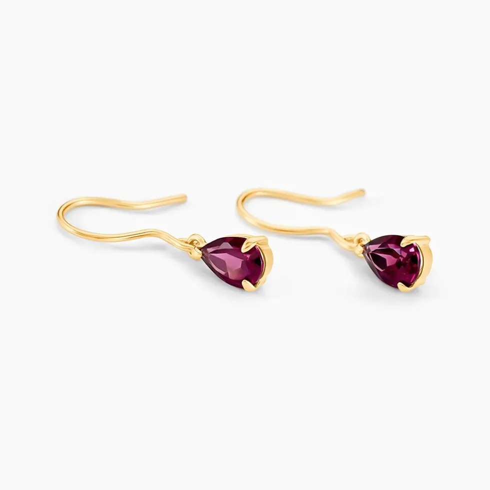 Boucles D'oreilles Puces Rhodolite Goutte Or Jaune Rhodolite