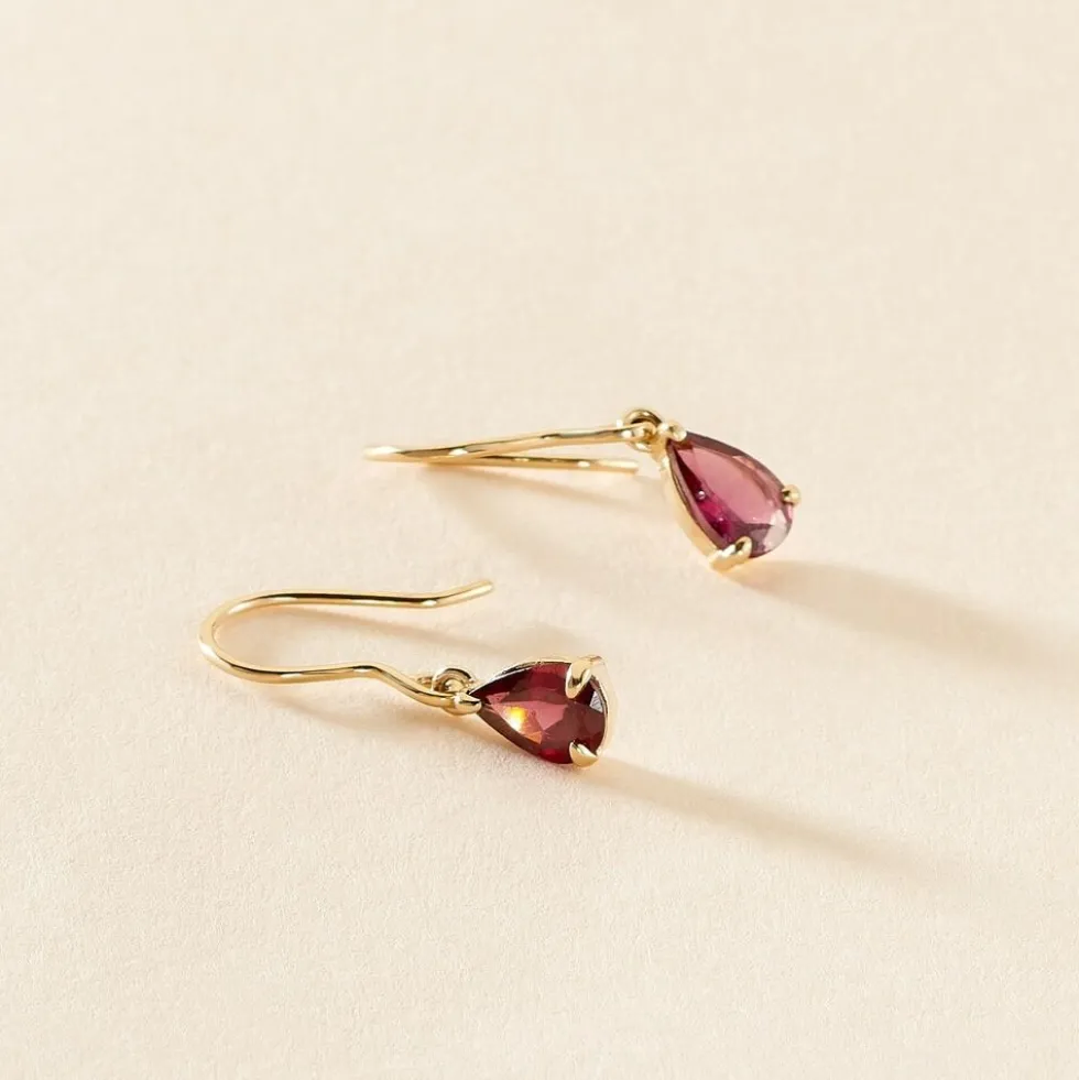 Boucles D'oreilles Puces Rhodolite Goutte Or Jaune Rhodolite