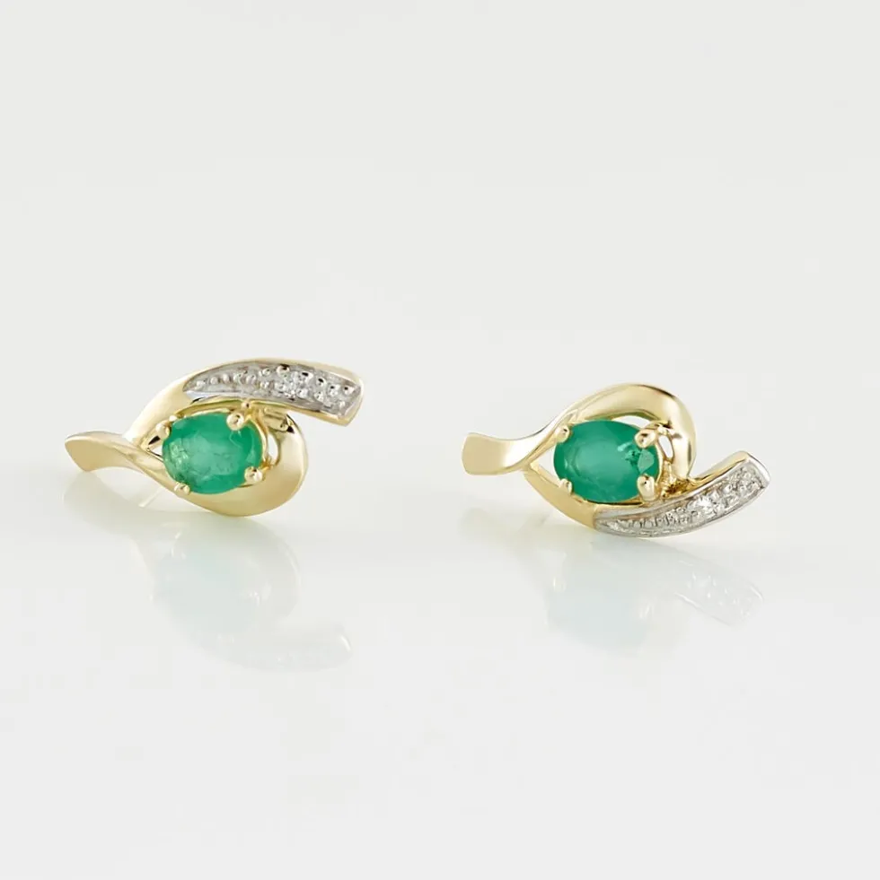 Boucles D'oreilles Puces Sagesse Or Jaune Emeraude Et Diamant