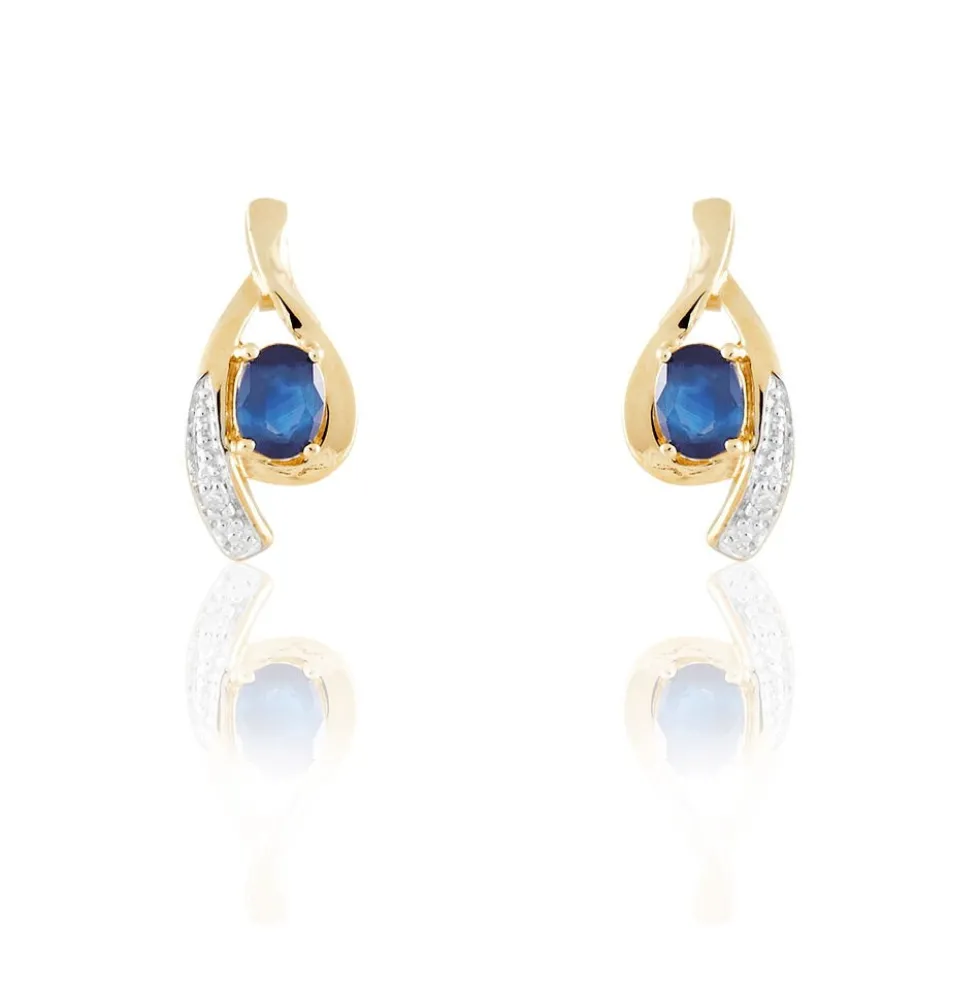 Boucles D'oreilles Puces Sagesse Or Jaune Saphir Et Diamant