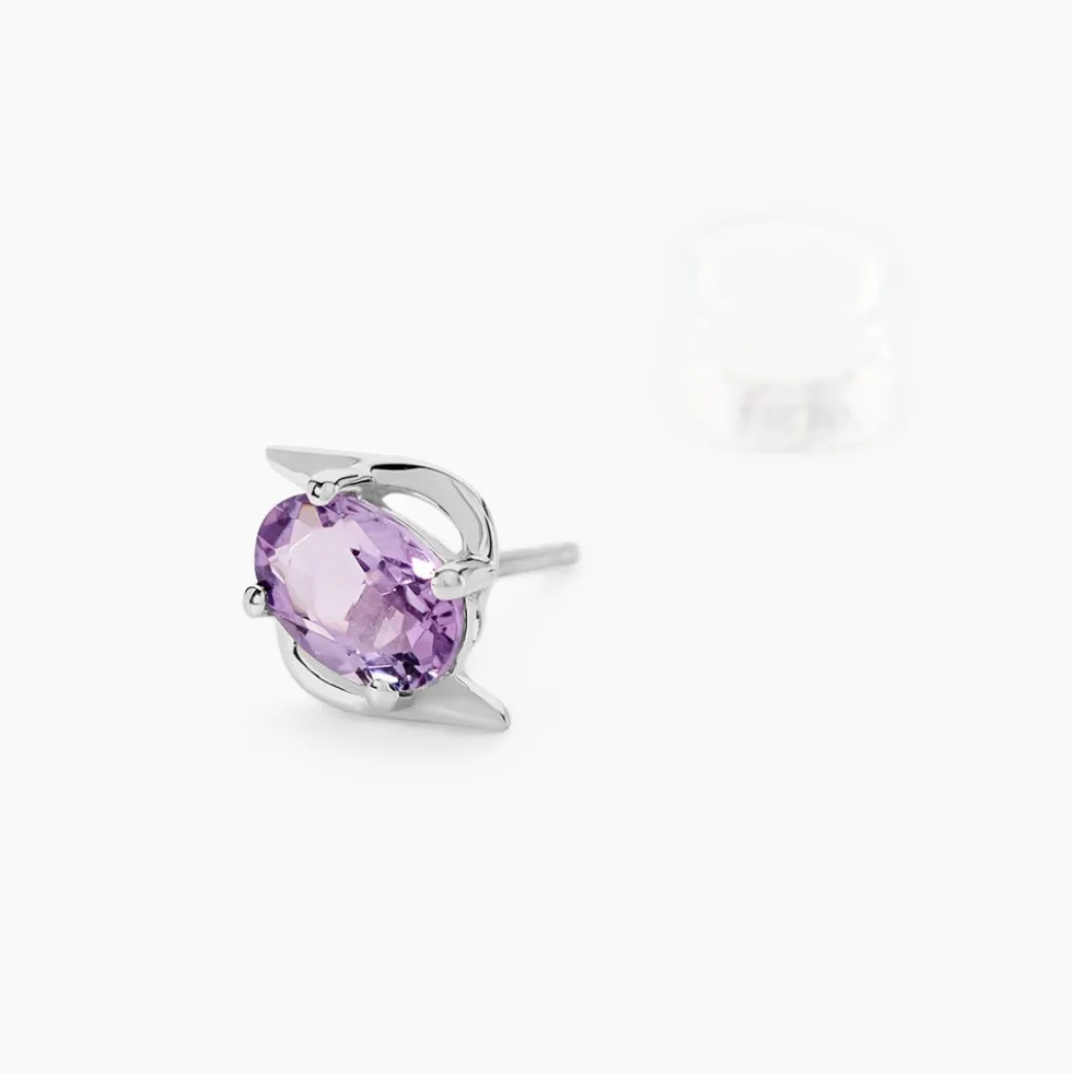 Boucles D'oreilles Puces Vrille Ovale Or Blanc Amethyste