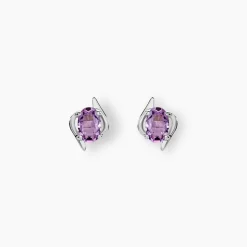 Boucles D'oreilles Puces Vrille Ovale Or Blanc Amethyste