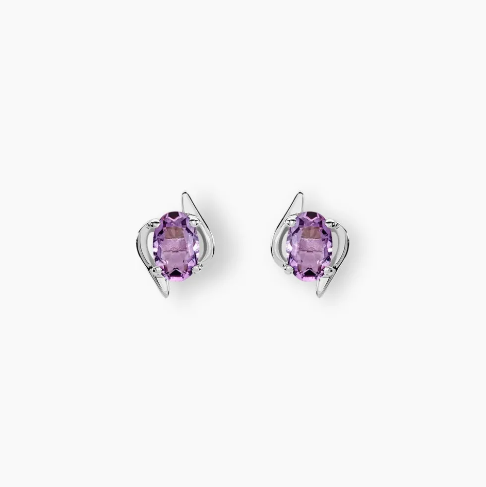 Boucles D'oreilles Puces Vrille Ovale Or Blanc Amethyste