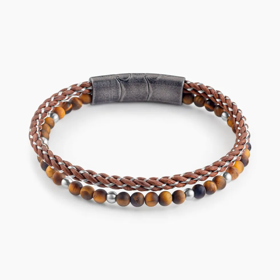 Bracelet Cuir Cuir De Vache Marron Oeil De Tigre