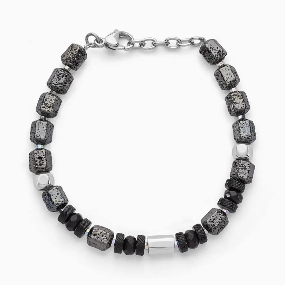 Bracelet Dark Pearl Acier Bicolore Pierre De Lave Hématite