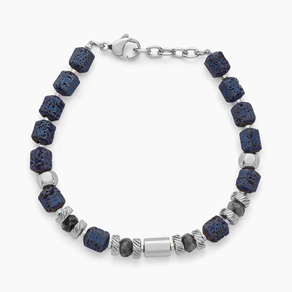 Bracelet Dark Pearl Acier Blanc Hématite Pierre De Lave Agate