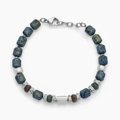 Bracelet Dark Pearl Acier Blanc Hématite Pierre De Lave Agate