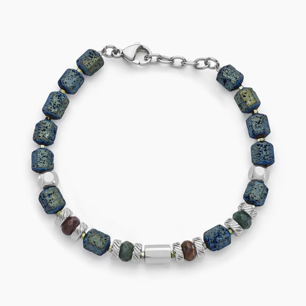 Bracelet Dark Pearl Acier Blanc Hématite Pierre De Lave Agate