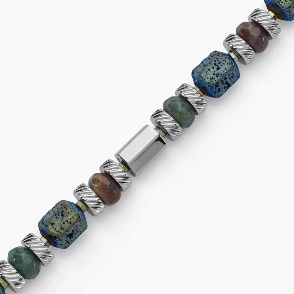 Bracelet Dark Pearl Acier Blanc Hématite Pierre De Lave Agate