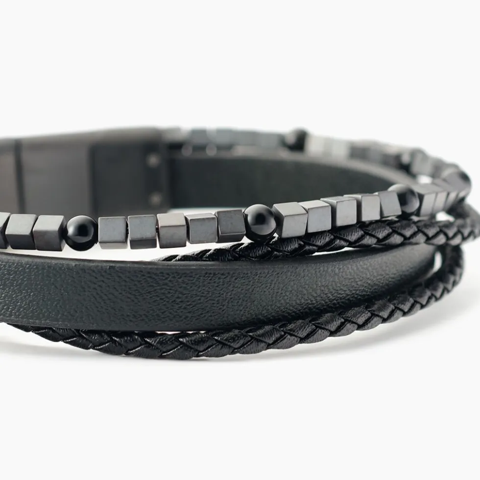 Bracelet Jourdan Cuir De Vache Noir Hématite Onyx