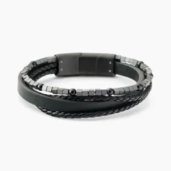 Bracelet Jourdan Cuir De Vache Noir Hématite Onyx