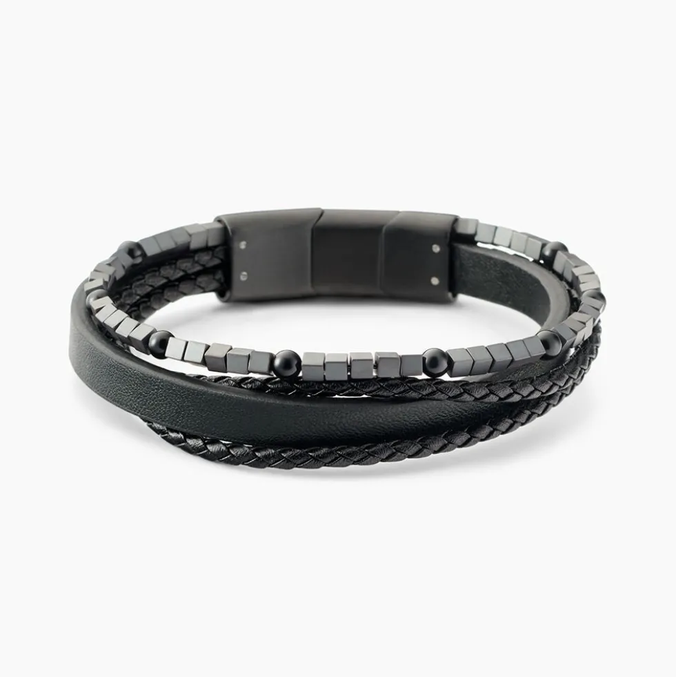 Bracelet Jourdan Cuir De Vache Noir Hématite Onyx