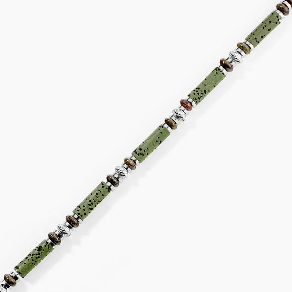 Bracelet Naturel Acier Blanc Jaspe Africain Pierre De Lave